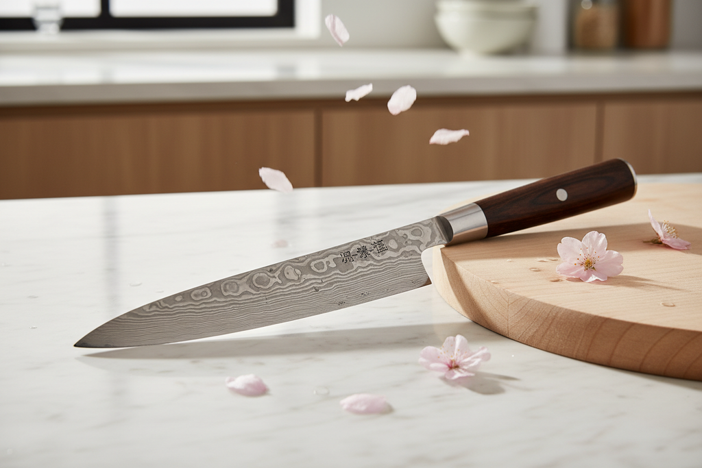 Japanese Damascus steel knife on marble with cherry blossom petals