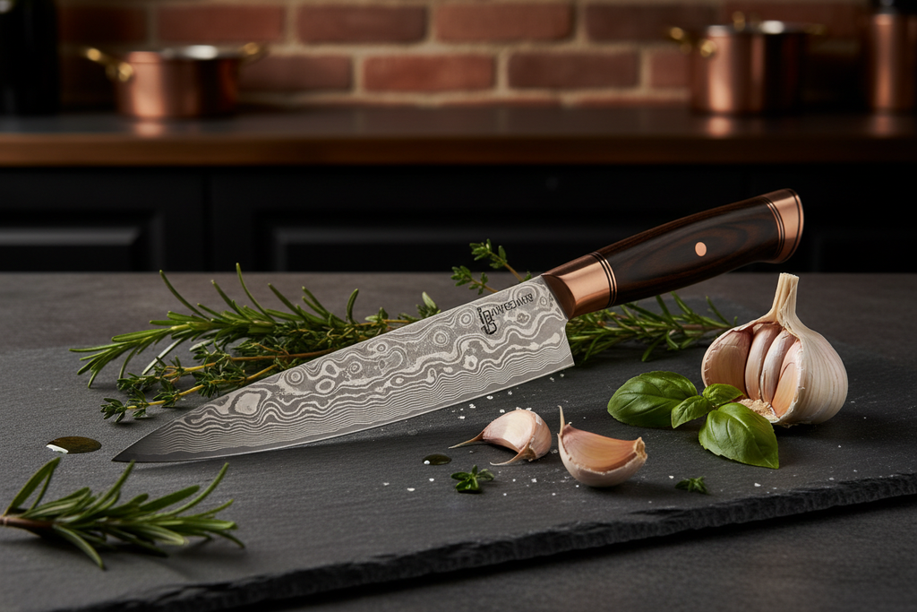 Damascus steel kitchen knife on dark slate with herbs and garlic